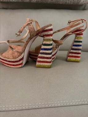 Jessica Simpson Beaded Multicolor Stripe Platform Heels - Women's cork wedges.